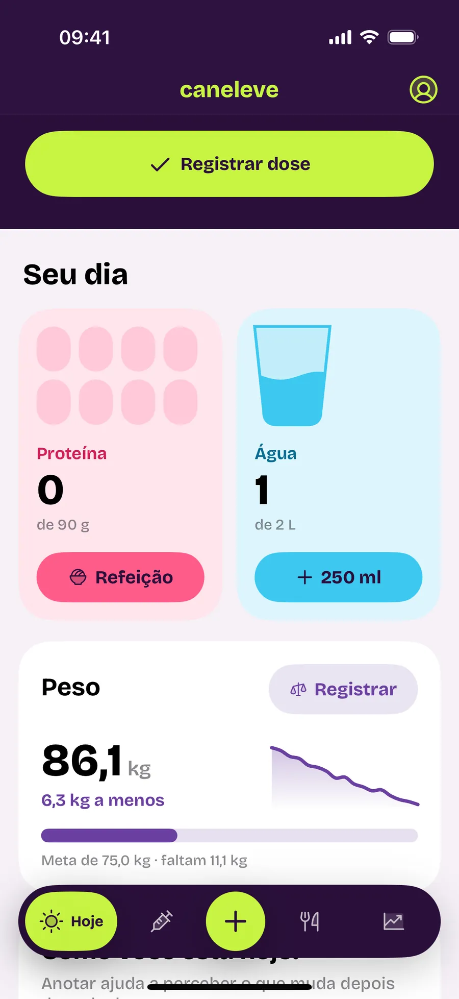 Seção Seu dia com a proteína em porções e a água em copos, os botões Refeição e mais 250 ml, e o cartão de Peso com 86,1 kg.